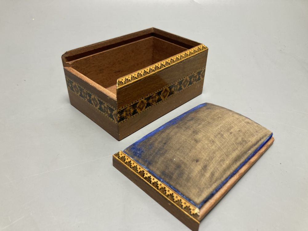 A Tunbridge ware box, width 24cm, and a Tunbridge ware pin cushion
